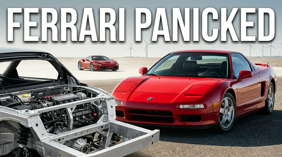 A ScenePilot thumbnail: a red Acura NSX beside its bare aluminium body, headline Ferrari panicked